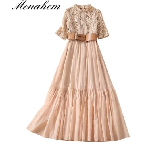 Menahem Holiday Soluble Lace Hook Flower Hollow Stitching Elegant Belted Pleated Dress Autumn Women Runway High Waist Maxi Dress