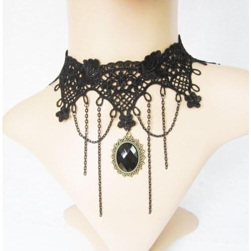 Fashion Goth Crystal Pendant Necklace For Women Aesthetic Black Lace Choker Collarbone Chain Jewelry Initial Charm Party Gift