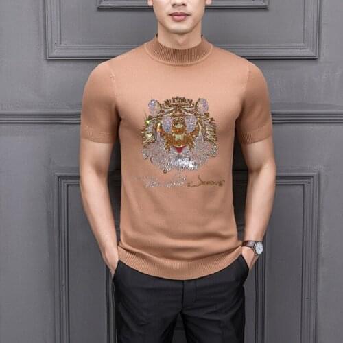 Mens Harajuku Short Sleeve Rhinestone Male Knitting Semi Turtleneck Sweater Tiger Head Design Heavy Lndustry Pullover