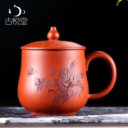 Purple sand cup GuYue hall all hand undressed ore decals cup famous office cover cup zhu mud mud painting cup of tea