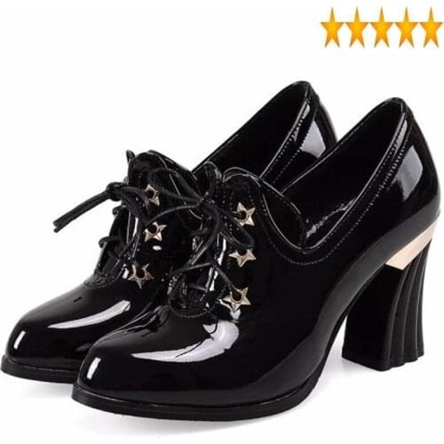 High New Design British Retro Heels Womens Shoes Faux Patent Leather Zapatos Mujer Casual Round Toe Office Lady Pumps Large Size
