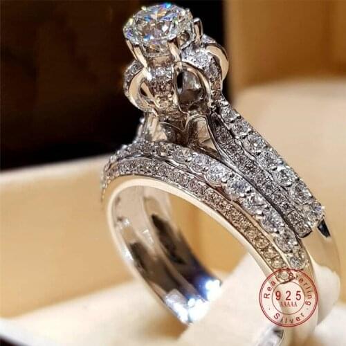 2019 New Stamped Silver Colors Ring Sets 2 PCS Bijoux Full African AAA Crystal Heart Stone Rings Romantic Wedding Jewelry