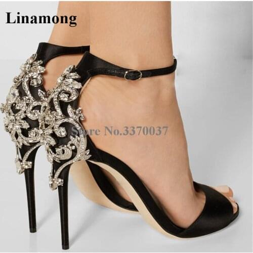 New Design Women Bling Bling Satin Fabric Single Strap Rhinestone Sandals Back Crystal High Heel Sandals Formal Dress Shoes