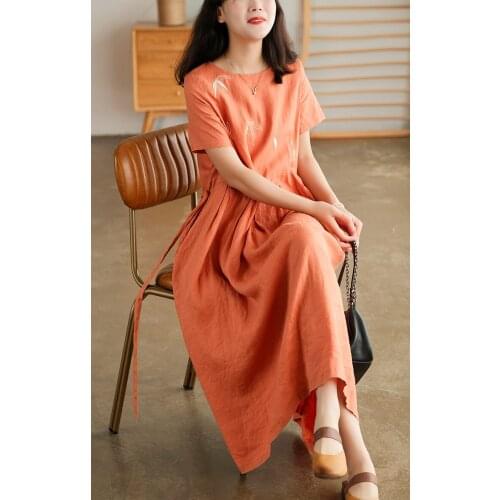 21New Women Dresses Summer Mori Girl Style Loose Embroidery Folds Belt Female Fashion Linen Long Dress Wild