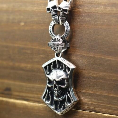 Thai silver pendant men domineering personality carved skulls punk wind set chain necklace s925 silver wave model