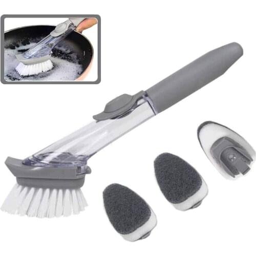 2 in 1 Removable Kitchen Brushes Long Handle Sponge Automatic Liquid Washing Dish Brushes 3 Pcs Cleaning Sponges Kitchen Gadgets