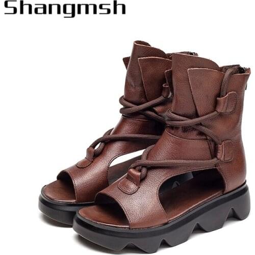 Ladies Sandals Flat Women Platform Real Cow Leather Rome Gladiator Shoes Summer Female Flip Flop Zipper Casual Woman 2213