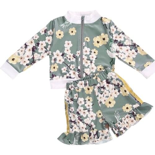 Infant Kids Girl’s Long-sleeved Shorts Two Piece Set Sweet Flower Zipper Cardigan and Ruffles Elastic Long Pants Sportwear