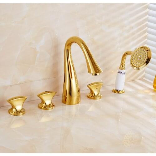 Bathtub Faucets Brass Golden Finish Luxury 5 Hole Bathroom Faucet Set Rainfall Shower Hand Basin Facucet Hot and Cold Mixer Taps