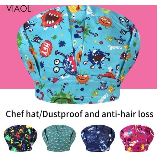 Cake Coffee shop Elastic caps Cartoon Print bakery work Hat Adjustable chef Working Cap 100%cotton for long hair Unisex chef hat