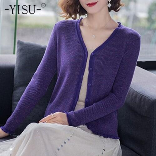 YISU 2021 Spring Women Cardigan v-Neck Solid color Wool Spring tops All-match Simple Female Long sleeve Casual Knitted Cardigan