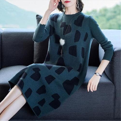 Sweater Knitting Dress Women Casual O-neck Long Sleeve Print Fashion Autumn Winter Dress Plus Size Vestidos Femme Robe f2789