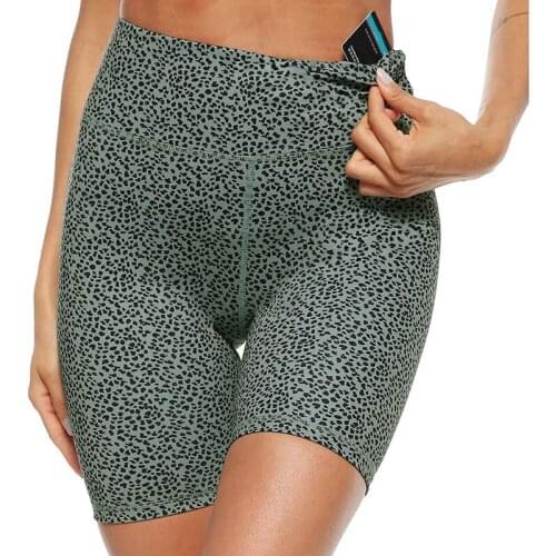 Women High Waist Print Workout Yoga Sports Shorts 2 Invisible Pockets Non See-Through Tummy Control Breathable Athletic Short