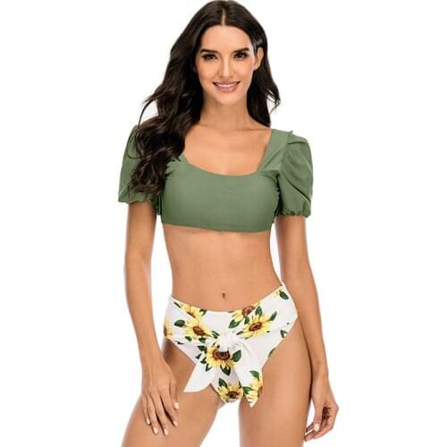 Summer Puff Sleeve Floral Print Sexy Bikini Set One-neck High Waist Lace Women Split Swimsuit Beachwear -40