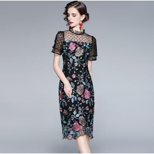 New Runway Womens Ruffle Summer Sweet Floral Embroidered Mesh Lace Patchwork Polka Dot Dress Party Vestidos De Mujer