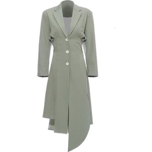 SeeBeautiful New Fashion Spring 2021 Notched Neck Long Sleeve Single Breasted Hollow Irregular Split Hem Loose Dress Women N936