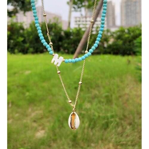 Bohemian A-Z Shell Letter Colorful Turquoise Beaded Necklace for Women Shells Pendant Metal Chain String Beads Choker Jewellery
