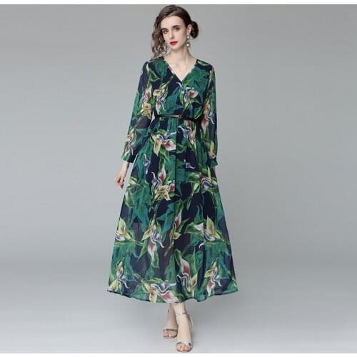 2021 Spring Summer Womens Dress Seaside Holiday Style V-neck Printed Long Sleeve Dress New Waist Female Dresses X591