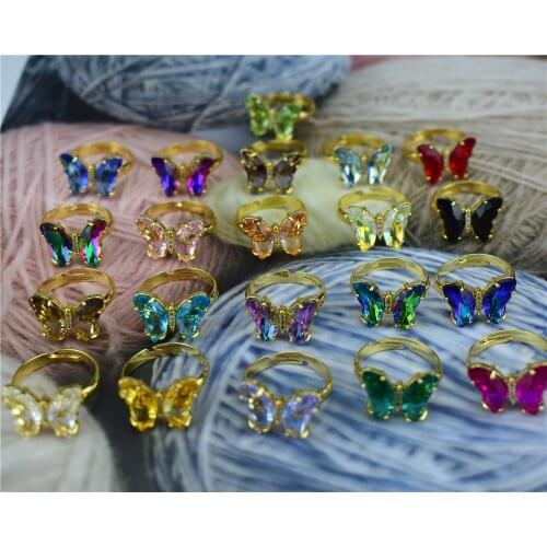 21 Color Transparent Glass Butterfly Ring Ladies Fashion Trend Index Finger Opening Adjustable Crystal Ring Wholesale Statement