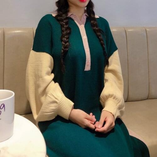 2020 Korea Women Autumn Winter Loose Green Patchwork Long Sweater Dress 120cm Length Knitted Pullover Shirt Dresses