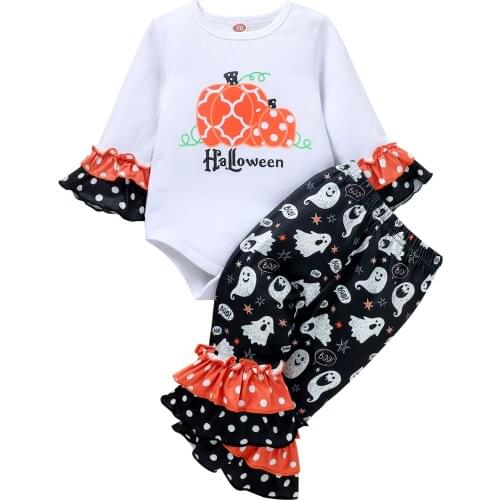 0-18M Infant Baby Girl 2Pcs Halloween Clothing Long Sleeve Romper Flared Long Pants Outfit Clothes Set