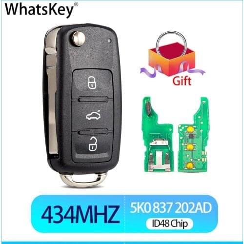 WhatsKey 3 Button Remote 434Mhz ID48 Chip Car Key For Volkswagen VW Caddy Beetle Jetta Eos Golf Polo Hella 5K0837202AD
