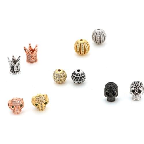 5pcs/lot cz beads leopard crown round ball beads zirconia for diy bracelet making Micro pave cz copper beads Spacer wholesale
