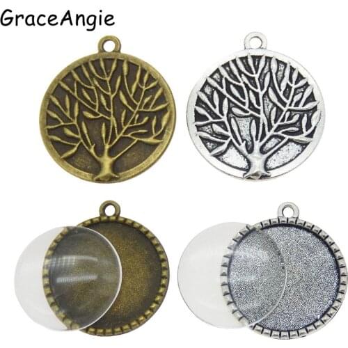 8Sets Life Tree pattern fit cameo base Cabochon Blank Tray Pendants Cameo Settings Mixed Pendant Charms Clear Glass Flat Back