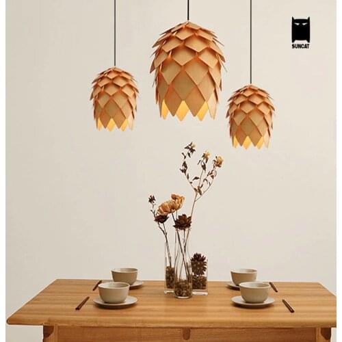 Wood Pinecone Pendant Light Fixture Modern Nordic Antichoke Hanging Lamp Lustre Avize Luminaria Dining Table Room Restaurant