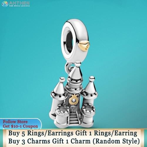 Ahthen 925 Sterling Silver Beads Two-tone Castle Dangle Charm fit Original Pandora Bracelets Women Jewelry Making Girl Jewelry