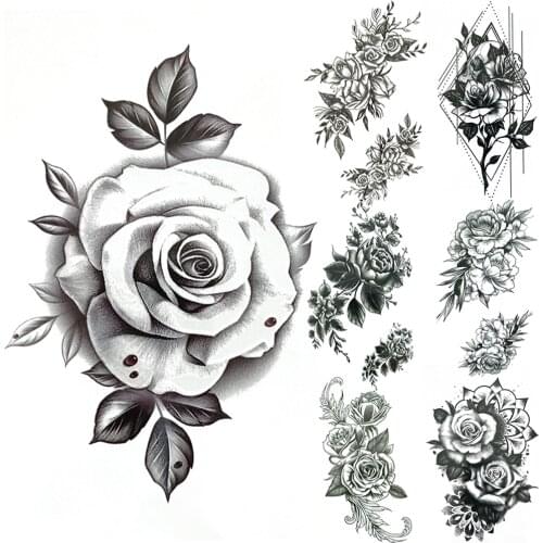Sketch Peony Temporary Tattoos For Women Paint Black Rosees Daisy Flowers Tattoo Sticker Lily Sweat Pea Bloosom Fake Tatoos Arm
