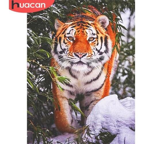 HUACAN Diamond Painting Tiger Full Square Round Rhinestone Kit Diamond Embroidery Animal Snow Mosaic Winter Home Decoration