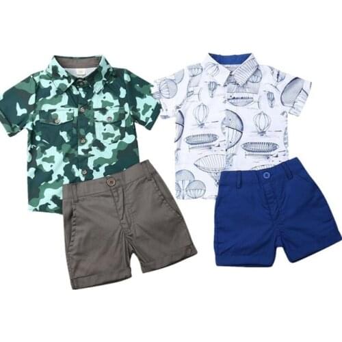 Toddler Kids Gentleman Outfit Baby Boys Clothes Set Children Formal Suit Camo Shirt Top+Shorts Boys Summer Clothing 2pcs 1-6T