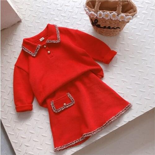 Baby Girls Clothing Sets Spring Autumn Fashion Girls Long Sleeve Simple Pearl Sweater+Casual Skirt 2Pcs Solid Red Girls Clothes