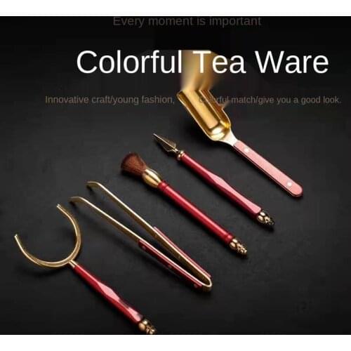 Copper and Aluminum Tea Ceremony Five-Piece Set Tea Spoon Tea Pin Cup Pen Tea Clamp Set Color Decoration Set Tea Accessories