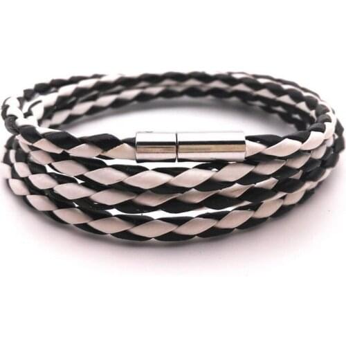 Punk Mens Multi-Layer Rope White+Black Leather Bracelet Wristband Vintage Gifts Male Jewelry Accessories Dropshipping