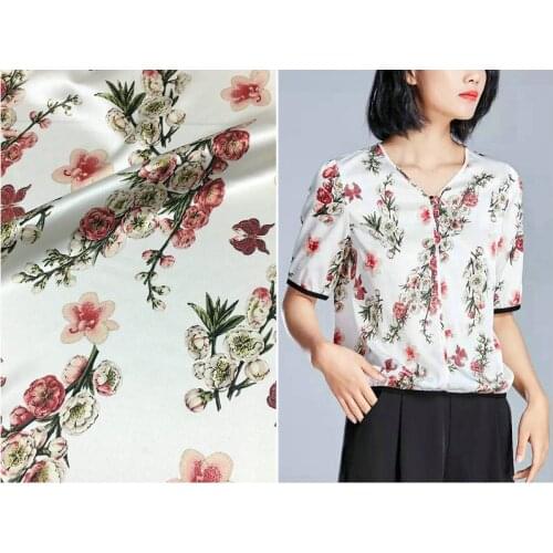 New peach blossom printing red silk satin fabric 19mm summer silk shirt cheongsam kimono fabric fashion bedding materials