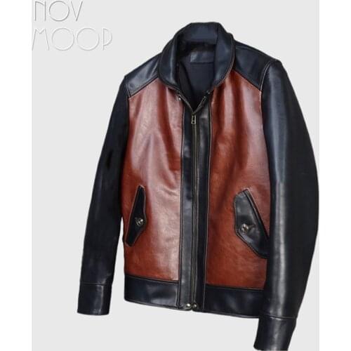 Novmoop oil wax cowhide patched with smooth clafskin genuine leather mens jacket Korean smart casual style LT3484
