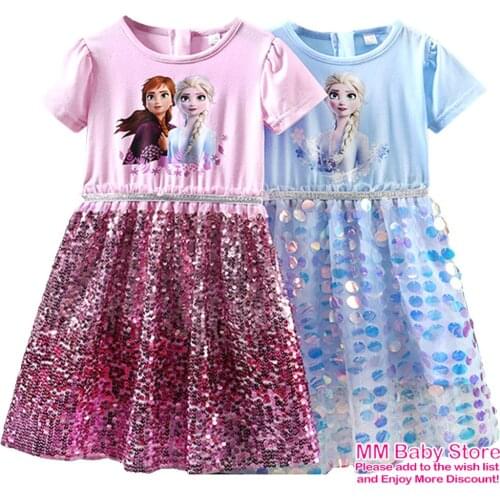 New Summer High Quality Elsa Anna Princess Cotton Dress Casual Rainbow Sequins Beach Girls Dresses Fashion Knee-Length Clothes