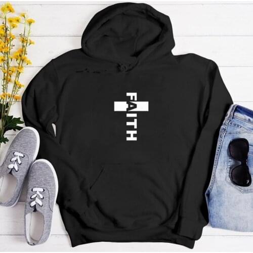 New Arrival Faith Cross 100% Cotton Hoodie Casual Women Long Sleeve Jumper Christian Hoody Outfit