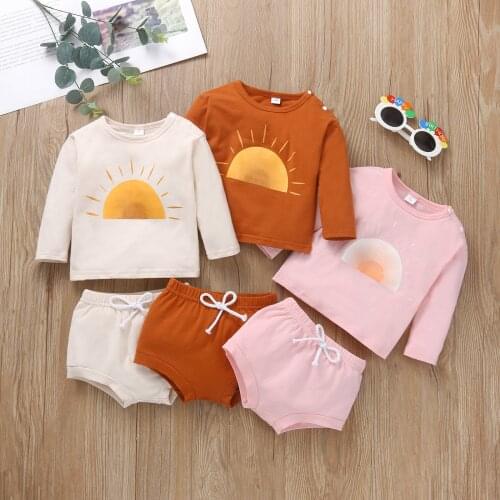 OPPERIAYA 2Pcs Newborn Casual Cotton Outfits Toddler Sum Print Long Sleeve Round Neck Pullover Tops Tie-up Solid Color Pants