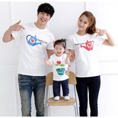 Paent-child family of three short-sleeved mother and daughter cotton pure print white short-sleeved group activities family wear