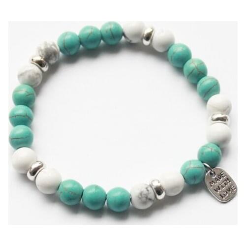 Handcraft 8mm round blue stone beads and white stone beads bracelet NSB1018