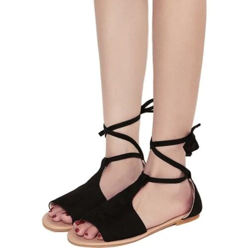 Women Sexy Open toe Bandage Roman Sandals Summer Cross Ankle Strap Beach Flat Shoes Plus Size