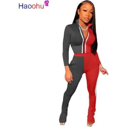 HAOOHU Patchwork Sport Womens Set Zipper Up Sweatshirts Flare Skinny Pants Jogger Suit Two Piece Set Tracksuit Fitness Outfits