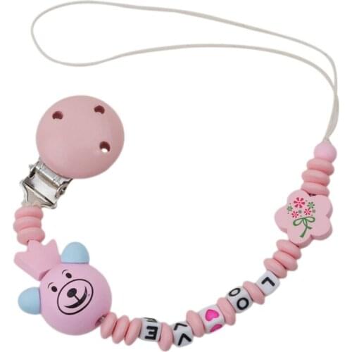Baby Pacifier Clip Chain Cute Panda Floral Beads Bear Silicone Wood Dummy Clip Baby Soother Holder For Infant Kid Nipple Feeding
