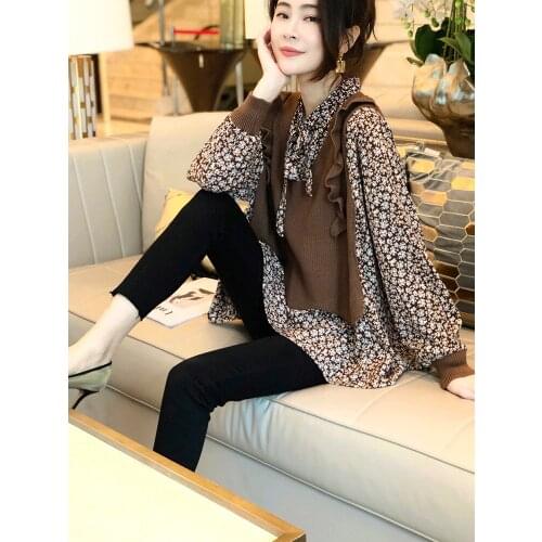 Fanlis small Floral Chiffon shirt womens two-piece top long sleeve knitted vest versatile spring and autumn 2021 NEW