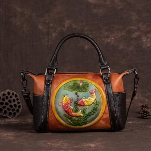 Genuine Leather Handbag Tote Messenger Bag Women Embossed Female Designer Floral Vintage Top Handle Shoulder Cross body Bags
