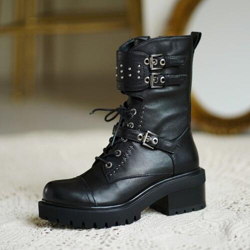 QZYERAI 2021 New Style Genuine Leather Women Martin Boots Spain Cowhide Non-slip Soles Scooter Black Shoes Ankle Boots