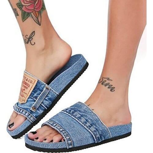 Womens Denim Slippers 2021 Summer New Beach Solid Color Casual Denim Fish Mouth Flat Sandals Outdoor Flat Shoes